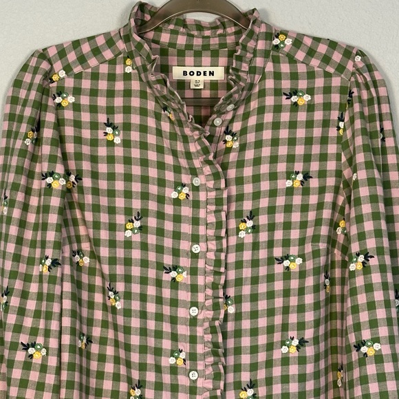 Boden Helena Brushed Cotton Ruffled Gingham and Floral Embroidered Blouse -US 8 - Picture 8 of 11